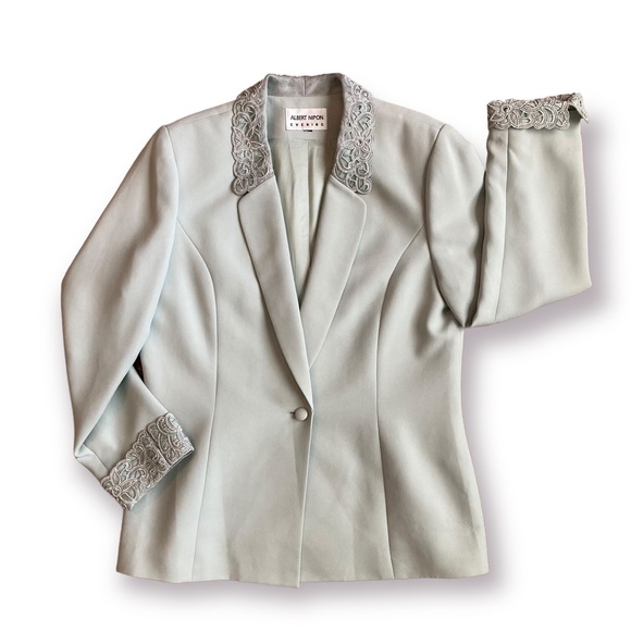 Albert Nipon Evening mint green blazer jacket with floral pearl embroidery - Picture 1 of 14
